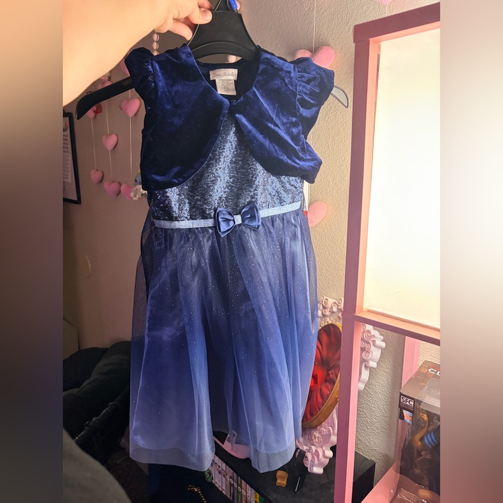 Jona Michelle Navy Blue Velvet Bow Tulle Dress